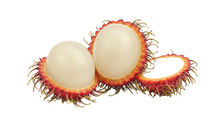 Close up of two peeled rambutan fruits with a cut rambutan on a black background still life on transparent background