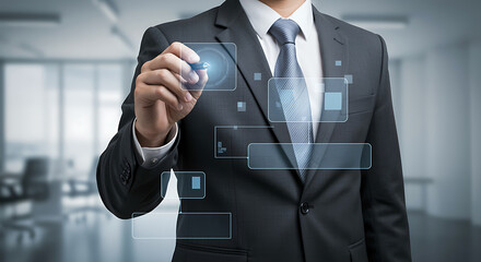 A businessman in a suit is drawing a chart on a virtual screen, representing business planning and strategy