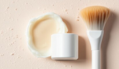  White Cosmetic Cream Jar with Makeup Brush on Minimalist Pastel Background