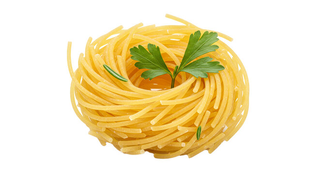 Close up of a nest of uncooked spaghetti with a sprig of parsley on top on a black background on transparent background