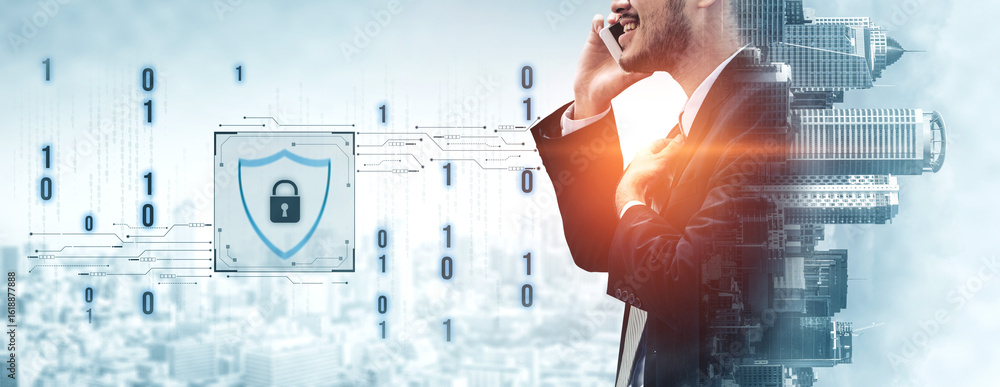 Poster cyber security protects against breaches, hacks, and network attacks using strong infrastructure and