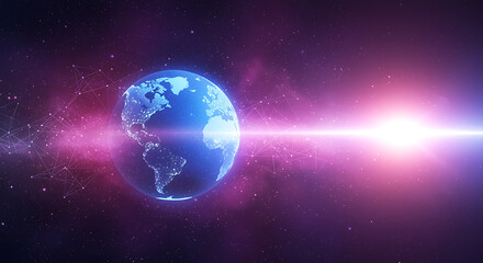 A digital globe surrounded by a network of connections in space represents global technology and international communication