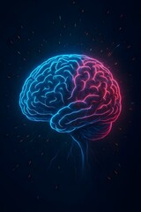 Colorful Split Brain Illustration with Glowing Neural Pathways in Blue and Red on Dark Background