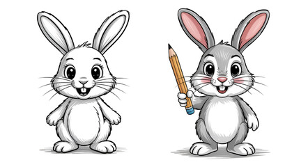 Rabbit : Black and white pencil sketch drawing isolated on white background.