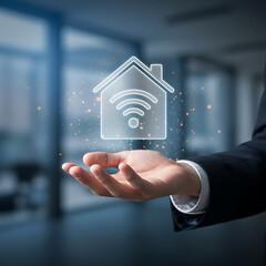 A hand presents a glowing house icon with wifi symbol, representing smart home technology and internet connectivity