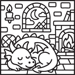Fantasy Cozy Retreat – Bold Line Art Coloring Page with Magical Elements