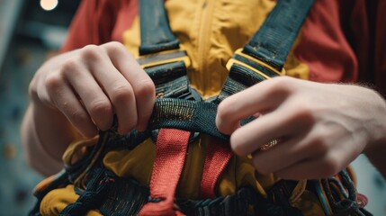Hands adjusting climbing harness