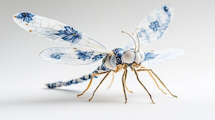 A porcelain dragonfly with blue and white floral patterns, gold metal legs, and delicate details, in a surreal style, against a clean background.