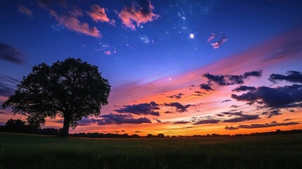 Breathtaking sunset over a serene landscape with a majestic tree silhouetted against the colorful sky.