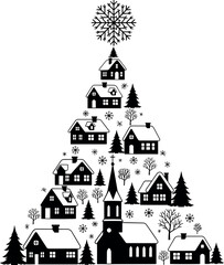 Obraz premium Christmas tree made from a winter village silhouette with houses, a church, and a snowflake star. Black and white vector holiday illustration.