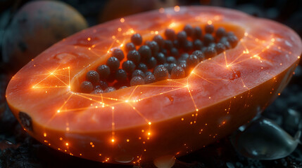 Papaya with glowing digital neural network overlay. Futuristic fusion of organic fruit and technology for health, biotech, or food innovation visuals.