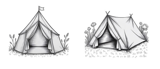 Pencil sketch drawing of a camping tent, isolated on white background