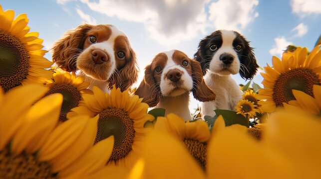 adorable group of cavaliers king charles looking down into the camera,
