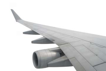 Airplane Wing with Engine Showing Flaps and Ailerons on Transparent Background