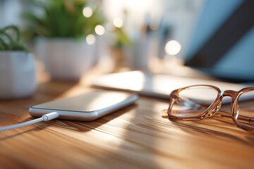 Modern workspace featuring a smartphone, glasses, and plants for a productive environment