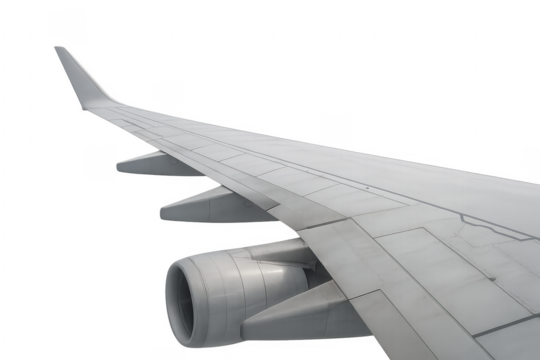 Airplane Wing with Engine Showing Flaps and Ailerons on Transparent Background