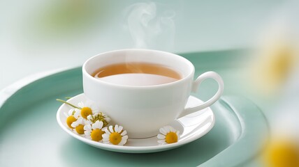 A Relaxing Cup of Chamomile Tea on a Teal Tray