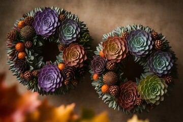 Exquisite Autumnal Succulent Wreaths: A Pair of Handcrafted Floral Arrangements