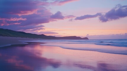 Fototapeta premium A tranquil sunset reflecting on the calm beach with soft waves and gentle clouds in the serene sky.
