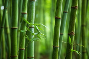 Fototapeta premium A closeup view of bamboo stalks in a lush green forest showcasing their texture and the surrounding environment
