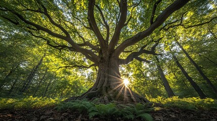 Create a hyper-realistic wide-angle photograph of a mature American walnut tree 