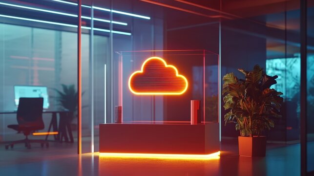 Modern office with glowing cloud logo in vibrant colors, showcasing innovation and technology in a sleek environment.
