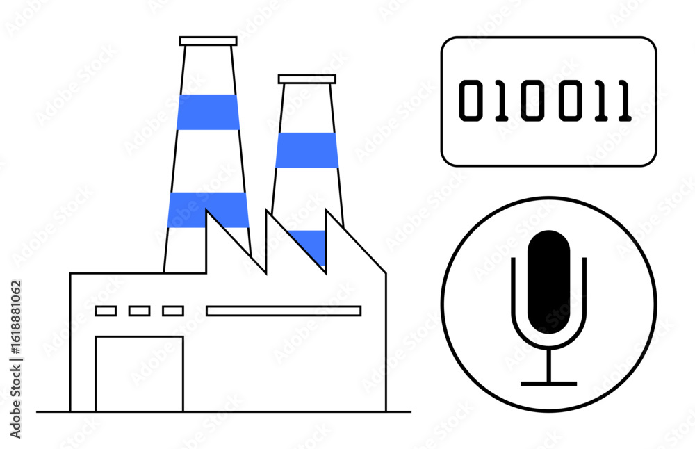 Poster factory building with smokestacks, binary code panel, and microphone icon conveying industry, data t