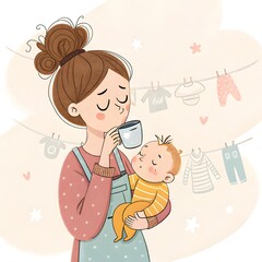 Woman Drinking Coffee Holding a Sleeping Baby with Clothesline Background