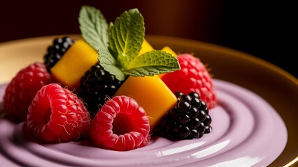 A Delectable Arrangement of Fresh Mango, Raspberries, and Blackberries on a Creamy Lavender Dessert