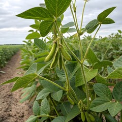 Close-up of Soybean Plants with Young Pods Growing in a Field