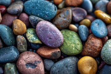 A vibrant cluster of smooth multicolored pebbles fills the frame