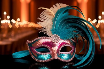 Exquisite Teal and Pink Sequined Venetian Masquerade Mask with Feathers