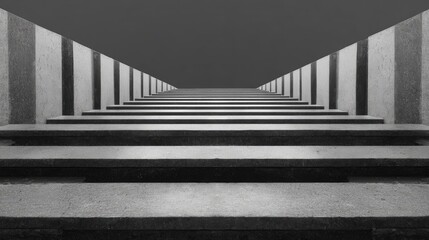 Fototapeta premium Ascending concrete staircase flanked by striped walls leading to a dark undefined space
