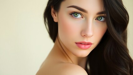 Closeup portrait of glamorous female model with radiant flawless skin green eyes posing, copy space