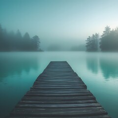 A serene wooden pier stretches into a misty teal lake at dawn. Soft fog covers the water and distant trees, creating a peaceful, moody landscape ideal for solitude, nature, and calm scenery visuals.

