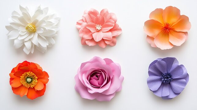paper flowers, 6 different type of flowers, separated from each other, palin white background 