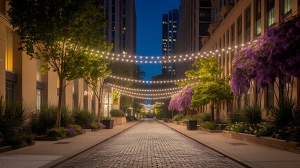 A Tranquil Evening on a Beautifully Lit Cobblestone Street