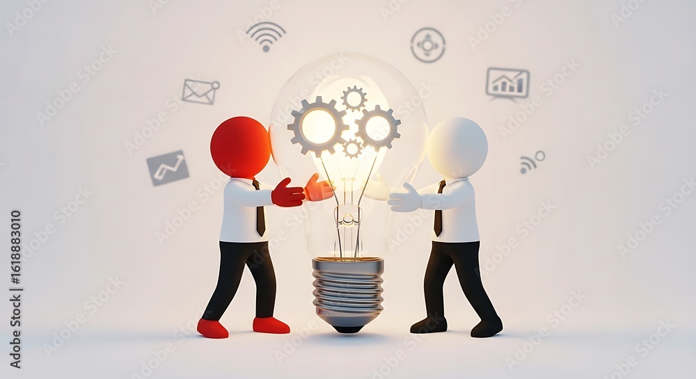 Poster teamwork concept with two figures collaborating on a lightbulb with gears and floating icons