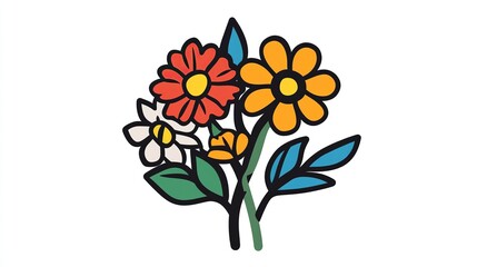 A single vector icon of a bouquet of flowers, bold black outline, flat colors, no gradient, simple and modern style, white background,