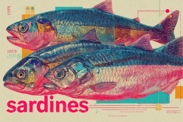 Group of glowing neon fish in pink and blue on white background