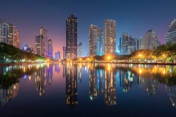 Fototapeta premium City buildings light up at night reflecting in water
