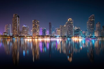 Fototapeta premium City skyline at night with lights reflected in water creating symmetrical patterns
