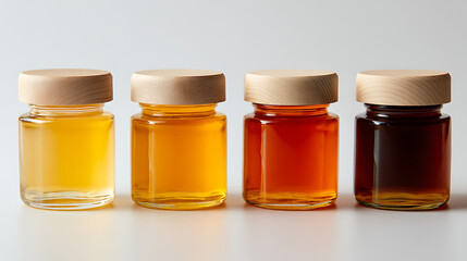 Four glass jars filled with golden amber and dark honey wood