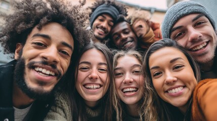 Fototapeta premium Happy millennial friends from diverse cultures and races having fun posing in front of smartphone camera - Youth and friendship concept - Young multiracial people smiling - Main focus on center faces