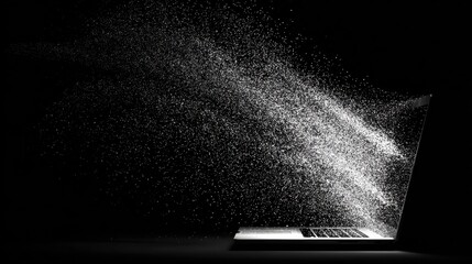 Laptop with multipe particles flow coming out from the glowing white screen on a black background, data and information concept, no logos, no brands