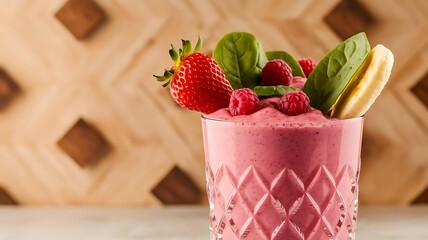 A Refreshing Berry Smoothie with Spinach and Banana Garnish
