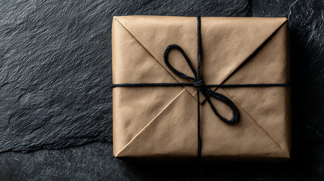 Gift wrapped in brown paper tied with black twine on dark textured surface present kraft paper