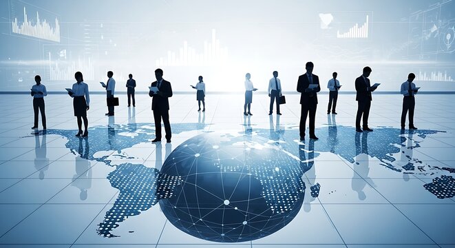 Silhouetted business people standing on a world map with data charts in the background in blue tones