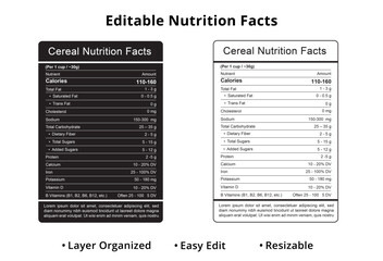 cereal nutrition fact, nutrition label design, editable nutrition facts,  vector nutrition facts