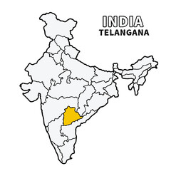 Telangana Map is highlighted on the India map with detailed state and region outlines vector illustration 